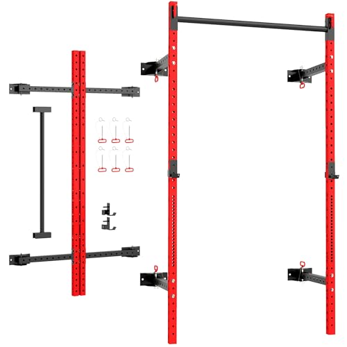 Soozier Folding Squat Rack with Adjustable Pull-Up Bar, 1000 Pounds Capacity Wall Mounted Power Rack, Adjustable Barbell R...