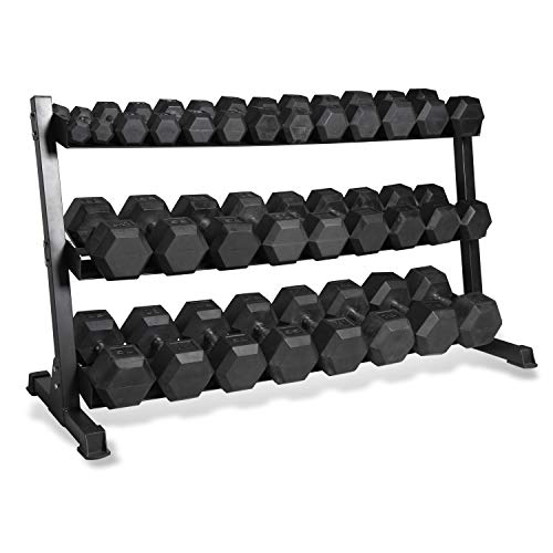 CAP 1200 LB Rubber Coated Hex Dumbbell Hand Weight Set with Three Tier Storage Rack - Chrome Handle | Black Rack