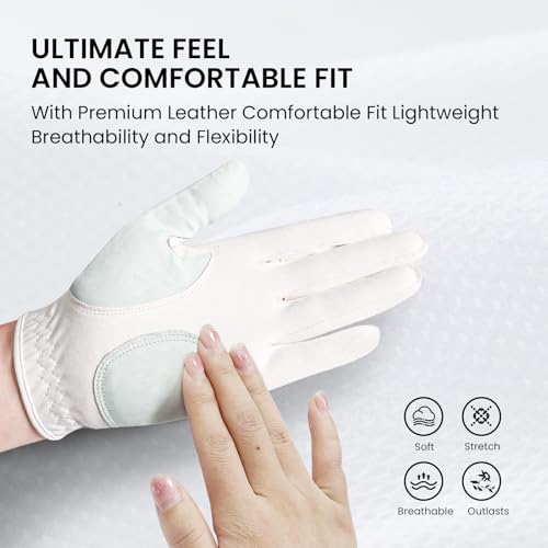 Amy Sport Womens Golf Glove with Ball Marker Rain Left Right Hand Leather Printed Pack, Ladies Golf Gloves All Weather Gri...