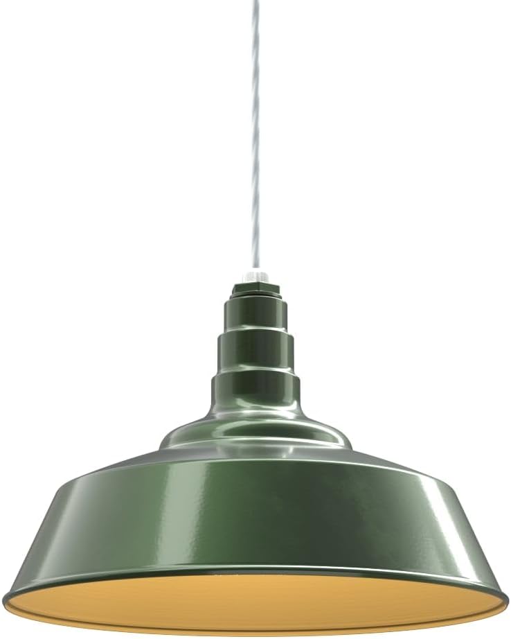 Steel Lighting Co. Manhattan Warehouse Light | Ceiling Mounted Pendant | 20 inch Dome | 4' White Cord | Large Steel Barn Light Made in America | Hunter Green Exterior/Brass Interior