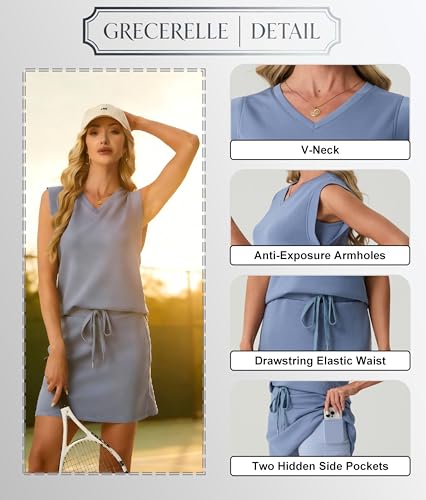 GRECERELLE 2026 Women Summer Casual 2 Piece Outfits Skort Sets Sleeveless V-Neck Top & Tennis Skirt with Pockets for Athletic