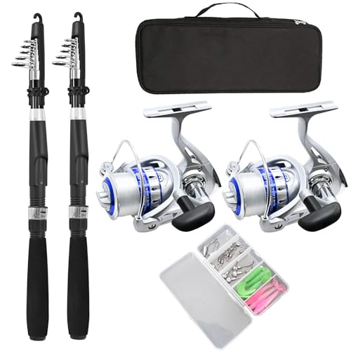 Fishing Pole Combo Set,2.1m/6.89ft 2PCS Collapsible Rods 2PCS Spinning Reels Lures Set Carrier Bag Carbon Fiber Telescopic...