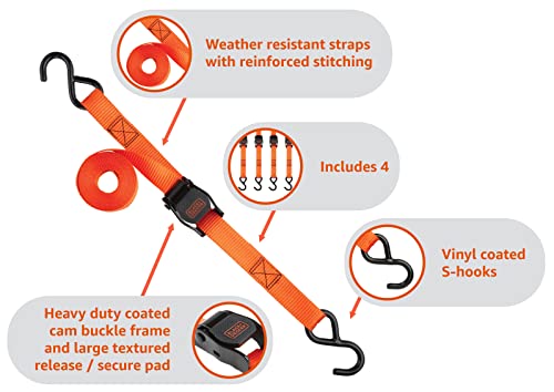 Black+Decker BDX1004 Black/Orange 1" x 10' Cam-Buckle Tie Down Straps - 300 lb Safe Working Load / 900 lb Break Strength, ...