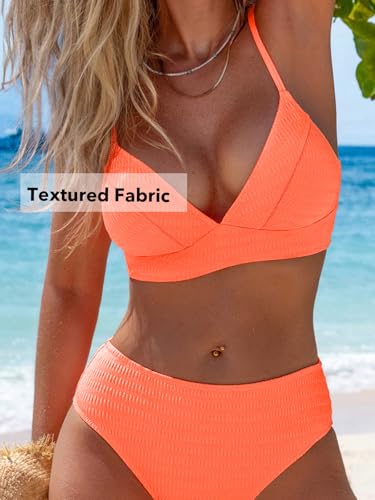 CUPSHE Women's Bikini Sets Two Piece Swimsuit High Waisted V Neck Textured Crisscross Back Tie Bathing Suits