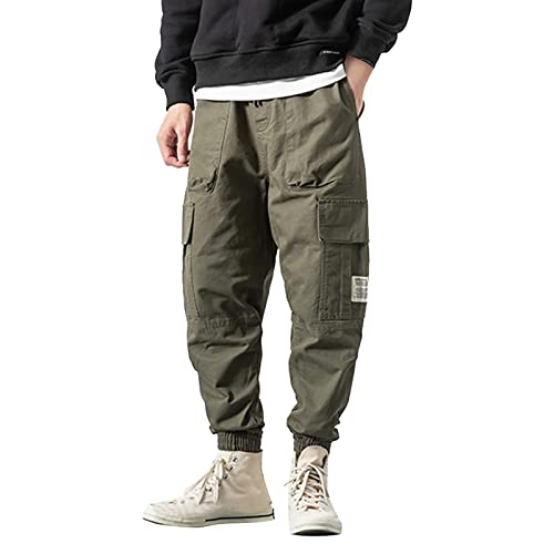 Men's Relaxed Fit Cargo Pants Joggers Sports Outdoor Lightweight Cotton Pants Trendy Drawstring Elastic Waist Baggy Trousers