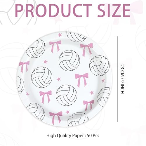 Greencian 50pcs Volleyball Party Decorations 9" Pink Bow Volleyball Birthday Paper Plates Sports Disposable Plates for Gir...