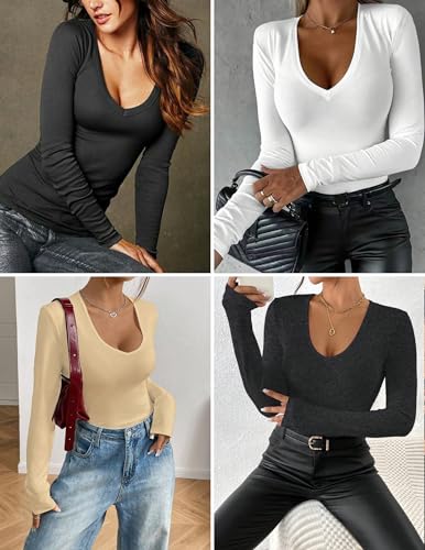 EKOUAER Deep V Neck Shirts for Women Long Sleeve Thermal Tops Slim Fit Lightweight Undershirts Soft Low Cut Tees XS-XXL