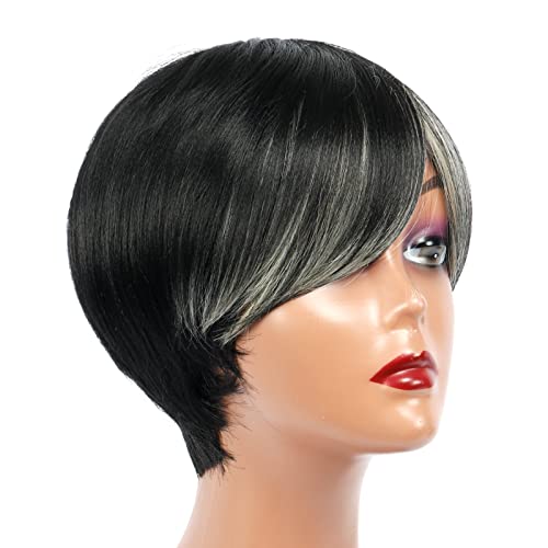 ToyoTress Short Pixie Cut Wigs - 4 Inch Black With White Bangs Short Layered Wig For Black Women, Light Yaki Straight Daily Cost