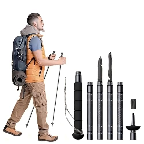 Multifunctional Tactical Hiking Stick with Compass & Canvas Bag - Adjustable Trekking Pole, Heavy Duty Aircraft Grade Alum...