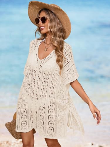 BreathSunny Womens Crochet Knit Swimsuit Coverup Beach Dress Summer 2025 Oversized V Neck Cap Sleeve Bathing Suit Cover Up