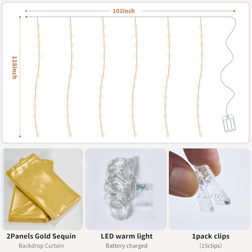 Outpain 10x10ft Gold Sequin Backdrop Curtains with Light -Lighted Up Gold Photo Backdrops with Non-Shedding Glitter, Wrink...