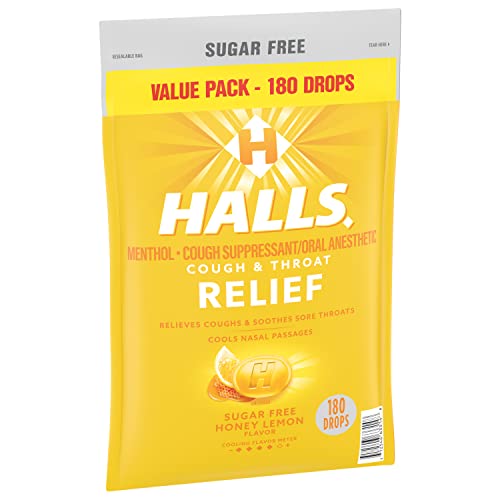 Halls Relief Honey Lemon Sugar Free Cough Drops, Value Pack, 180 Drops (Pack of 2)