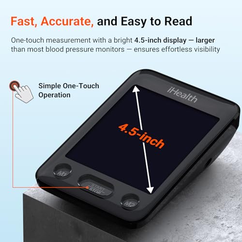 iHealth Accu Blood Pressure Monitor – 4.5" Large LCD(Black), Clinically Accurate, Irregular Heartbeat Alert, Body & Cuff D...