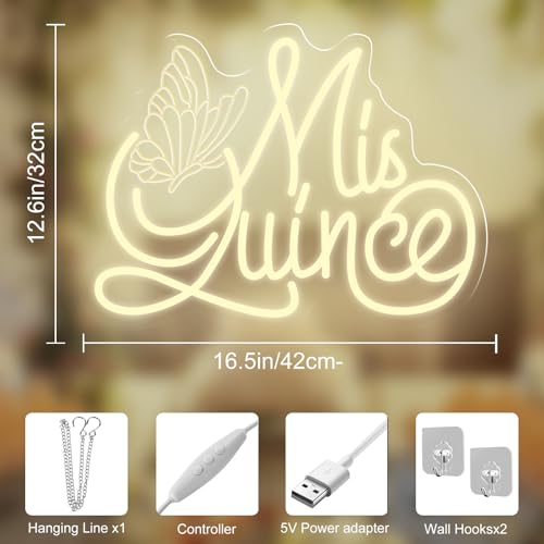 Mis Quince Neon Sign with Engraved Butterfly Design, Warm White Dimmable LED Light for Quinceañera Decorations, Sweet 15 B...