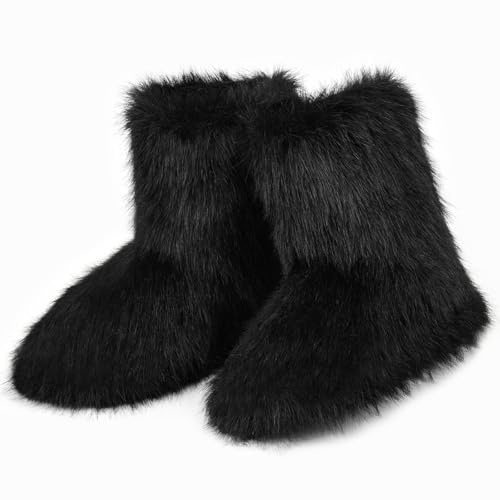 QLR Faux Fur Boots for Women Furry Fuzzy Fluffy Boots Round Toe Mid-Calf Winter Snow Boots Comfortable Outdoor Flat Shoes