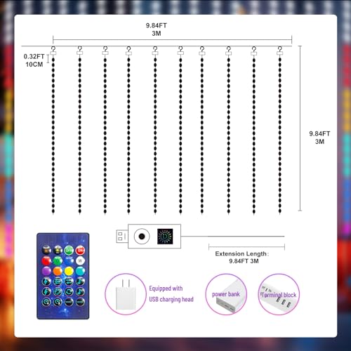 HXWEIYE 300LED Fairy Curtain Lights, 9.8x9.8Ft USB Plug-in 8 Modes Christmas String Hanging Lights with Remote for Bedroom...