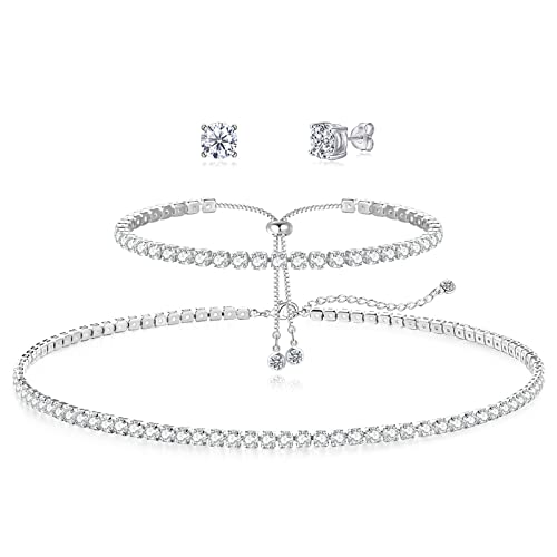 HAXIYA Tennis Necklace Bracelet for Women, Sterling Sliver, Dainty Chocker Necklace, Crystal Bracelet for Women, Wedding J...