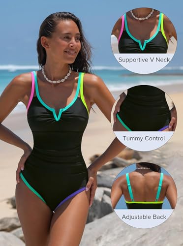 popvil One Piece Swimsuits Women 2026 Tummy Control - Modest Bathing Suit Shapewear Swimwear Retro Neon Swim Suit