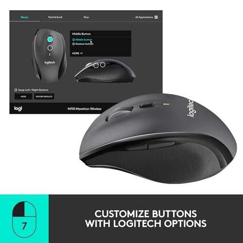 Logitech M705 Marathon Wireless Mouse, Gaming Mouse Wireless, 2.4 GHz USB-A Receiver, 5-Programmable Buttons, 3-Year Batte...