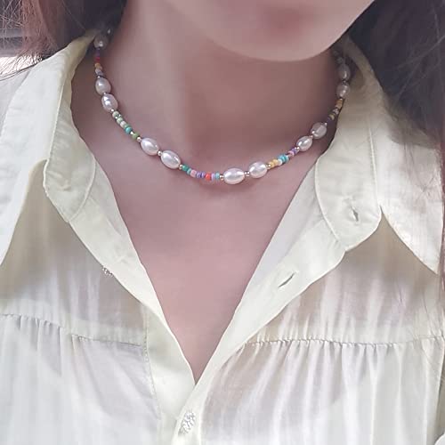 Wellike Freshwater Pearl Beaded Choker Necklace for Women Boho Handmade Colorful Beads Necklaces Stainless Steel 18K Gold Plated