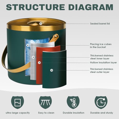 3L Double-Wall Insulated Stainless Steel Ice Bucket with scoop for Cocktail Bar - Metal Ice Bucket for freezer with Lid fo...