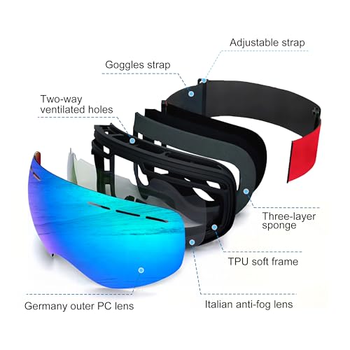 Revemo OTG Ski Goggles for Men Women, Snowboarding Ice Skating Goggles Winter Sports Goggles with UV, Anti Fog Over Glasses