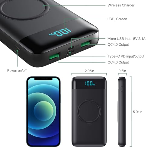 Wireless Portable Charger 30,800mAh,15W Wireless Charging USB C Power Bank,25W PD QC 4.0 Fast Charging 4 Outputs Travel Es...