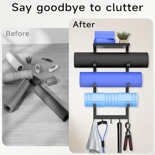 LSK Yoga Mat Holder Wall Mount, Black Yoga Mats Storage Rack, Home Gym Storage with Metal Floating Shelf for Storing Fitne...