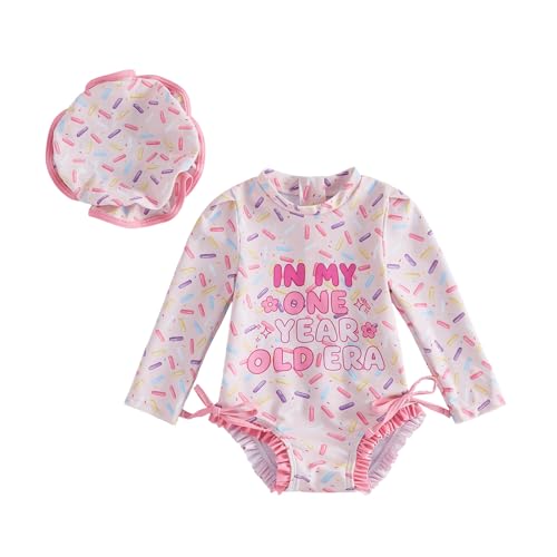 Beautooly Birthday Girl Swimsuit Rash Guard Letter Print Long Sleeve Crew Neck Bathing Suit with Swim Cap