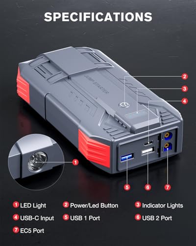 Tstiti 4000A Car Battery Jump Starter, Portable Car Jump Starter for Up to 10L Gas and 8L Diesel Engines, 12V Jump Box wit...