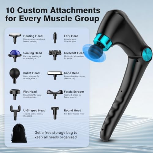 Folding Massage Gun with Heat & Cold Therapy for Women Men, Back & Deep Tissue Massager with 10 Heads, Quiet Rechargeable ...