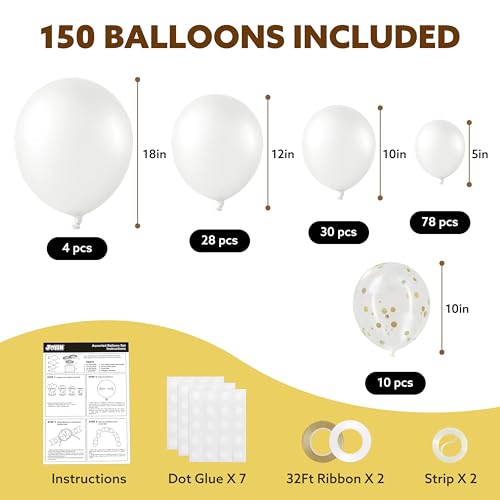 JOYIN 150 Pcs White Balloons, Different Sizes 18 12 10 5 Inch White Latex Balloon Arch Kit with Instruction for Birthday D...