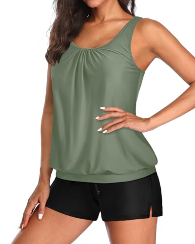 Aqua Eve Two Piece Women's Tankini Swimsuits Blouson Swim Tank Top with Shorts Modest Bathing Suits