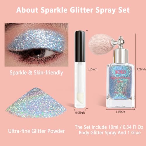 Boko Body Glitter Spray, Holographic Silver Glitter Spray for Body Face Hair Nail Clothes, Hair Glitter Body Shimmer Powde...