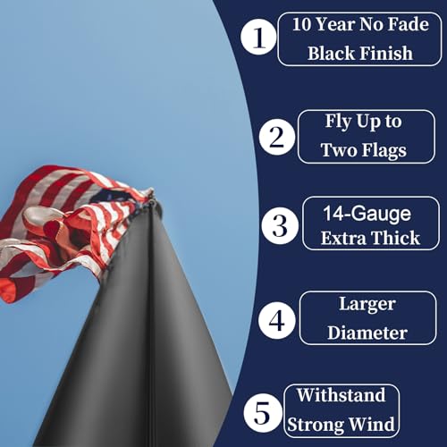 IIOPE 25FT Heavy Duty Flag Pole,14-Gauge Aluminum,Resist Strong Wind Reinforcement Ring Patent,Sectional Black Residential...