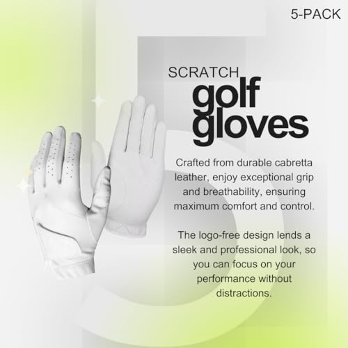 Scratch Cabretta Leather Mens Golf Gloves (5 Pack) Logo Free, Durable & Soft, Small Medium Large X-Large