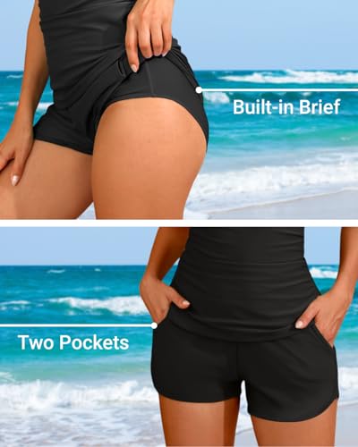 Women Tankini Swimsuits with Shorts - Two Piece Tummy Control Bathing Suits Top with Two Pockets Bottom Swimwear