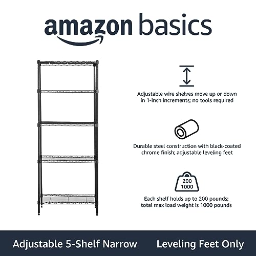 Amazon Basics 5-Shelf Multipurpose Adjustable Sturdy Steel Storage Shelving Unit, Easy Assembly, 13.4" D x 23.2"W x 60"H, ...