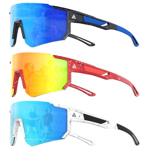 QALLY 3PACK Kids Sunglasses Youth Baseball Sunglasses for Boys Girls Age 4-14, Softball Cycling UV400 Protection Sports