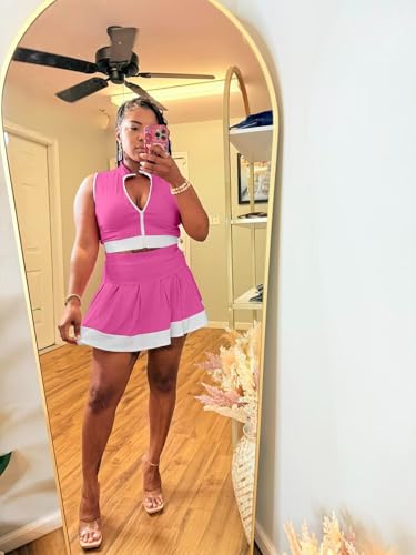 Ophestin Women 2 Piece Outfits Colorblock Workout Tennis Skirt Sets Zipper Crop Top Pleated Mini Dress Going Out Party