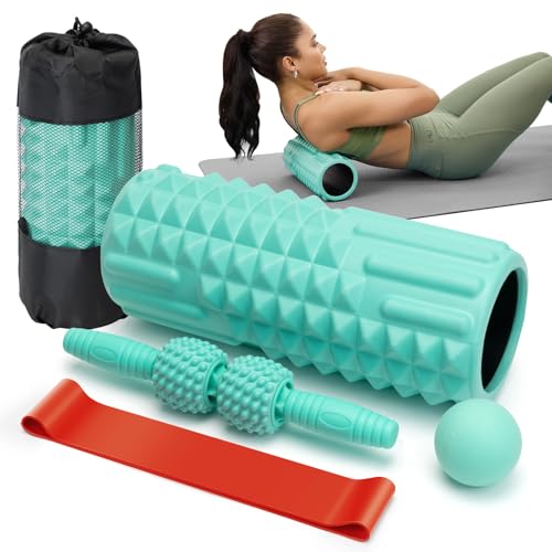 5 in 1 Foam Roller Set - Back Roller Foam, Massage Roller Stick, Massage Ball, Resistance Band for Physical Therapy & Deep...