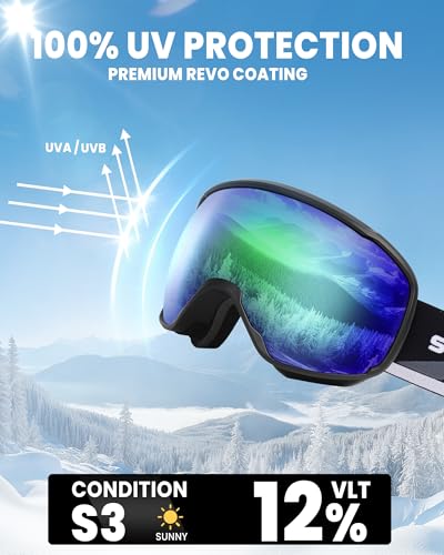 SNOWER Ski Goggles, Spherical OTG Anti-Fog Snow Goggles, HD Snowboard Goggles with UV400 Protection for Men, Women, and Youth