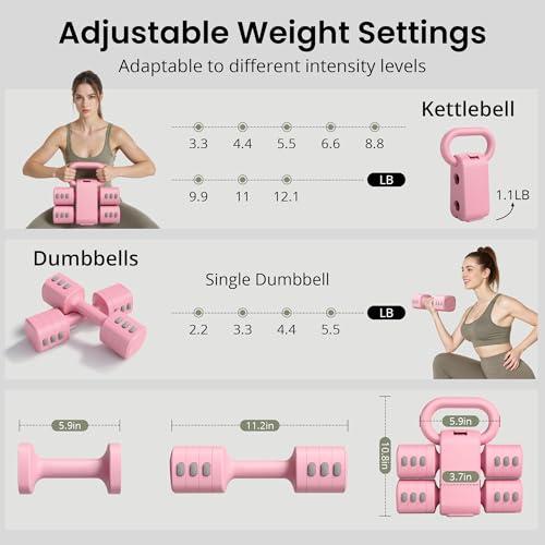 2-in-1 Adjustable Dumbbell Set for Women - 4 Levels (2.2lbs to 12.1lbs) - Home Gym Weights for Women at Home - Fitness Dum...