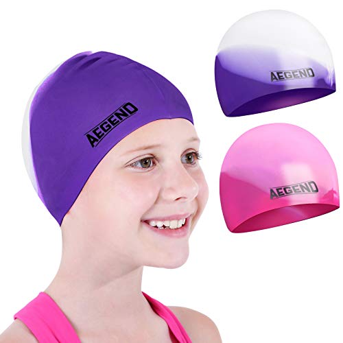Aegend 2 Pack Kids Swim Cap for Girls Boys Age 3-15, Waterproof Durable Silicone Swimming Cap for Long or Short Hair, Comf...