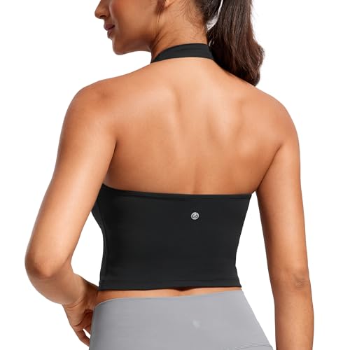 CRZ YOGA Butterluxe Halter Crop Tank Tops for Women - Open Back Padded Longline Sports Bras Workout Gym