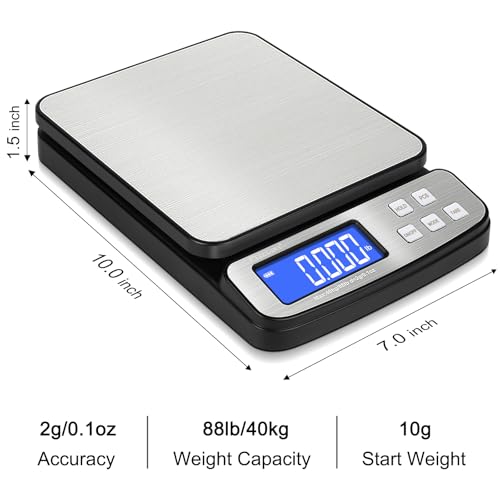 Fuzion Digital Shipping Postal Scale - 88lb x 0.1oz, Stainless Steel Platform, 5 Units, Hold/Tare/PCS Counting, Easy Calib...