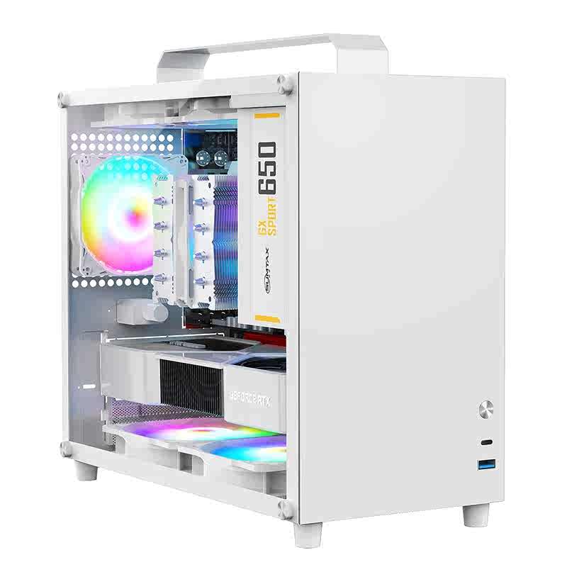 ALAMENGDA V500 Mini Portable M-ATX/ITX Computer Case, MINI-Tower CASE, Full Side Transparent Acrylic DIY Desktop Case with Handle, Support 320MM GPU Size (White-2.0)