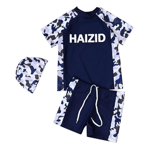 Boys Swimsuit 3 Piece Rash Guard Swim Shirt and Swimming Trunks with Cap Summer Lightweight Trendy Bathing Suits