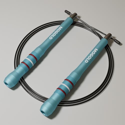 MOGOLD Speed Jump Rope, Turquoise Aluminum Alloy Handles with PVC Steel Wire, 17cm Handle, 118-Inch Adjustable Rope, 360-D...