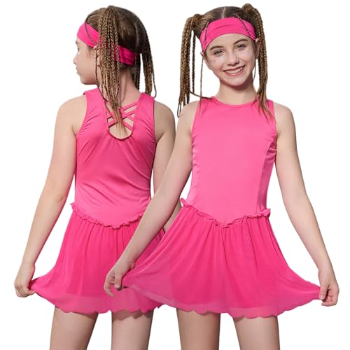 Perfashion Girls Tennis Dress Athletic Golf Outfit Ballet Cross-Back& Mesh Scalloped Hem with Built-in Shorts 4-13Y
